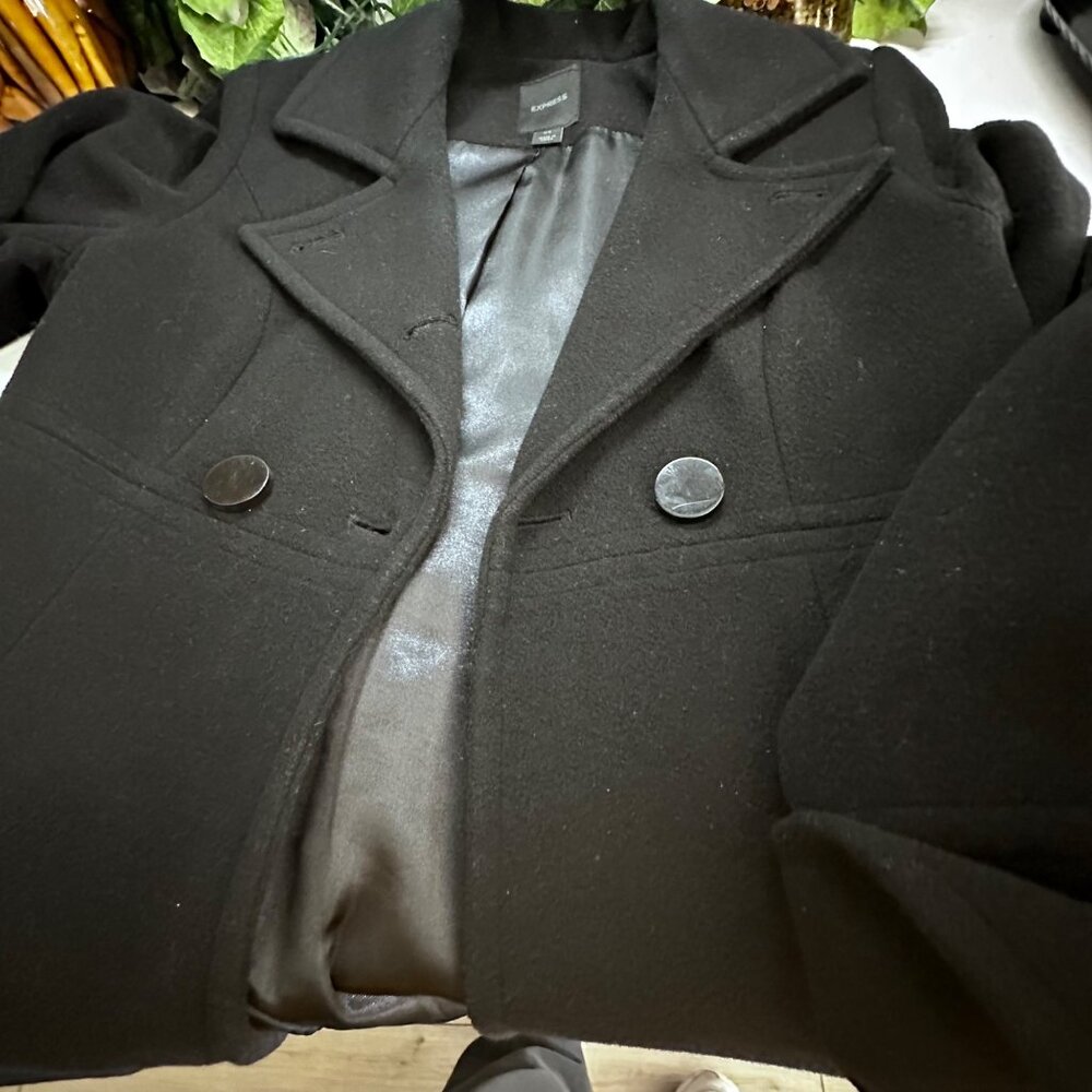 Express Black Wool Blend Double-Breasted Peacoat XS Womens Jacket - Picture 11 of 13